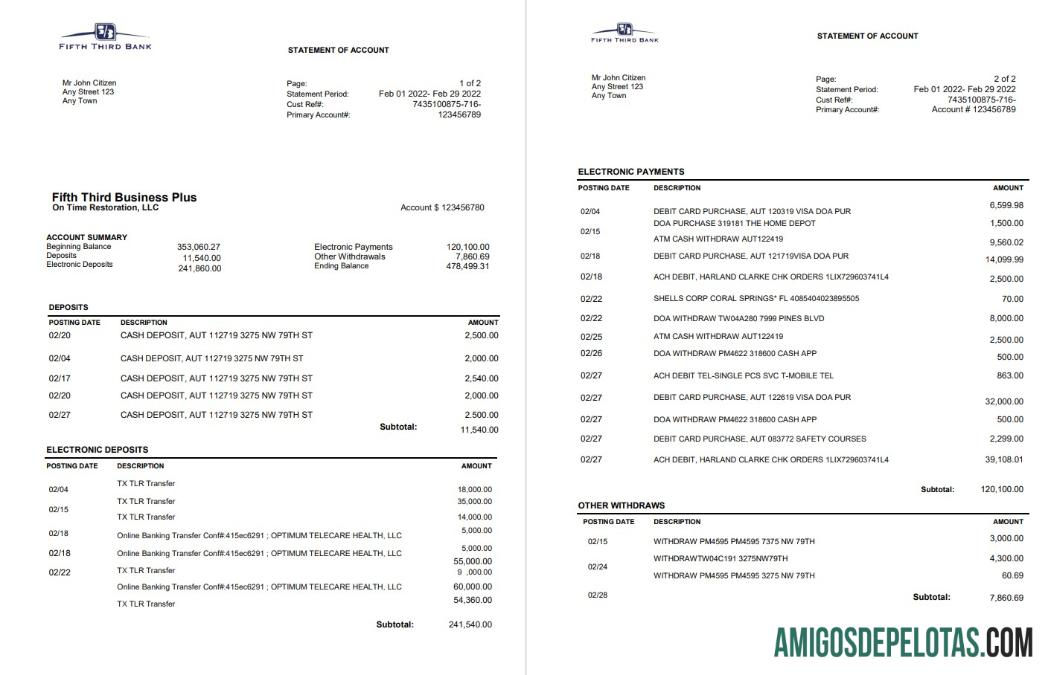 Extrato bancário do Quinto Terceiro Banco dos EUA em branco, modelo Word e PDF, 2 páginas